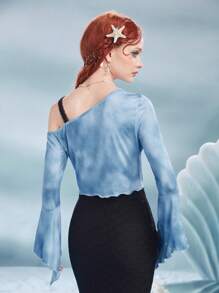 ROMWE Fairycore Vacation Style Butterfly Print Long Sleeve Fashion Oblique Shoulder 2 In 1 T-Shirt