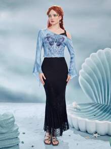 ROMWE Fairycore Vacation Style Butterfly Print Long Sleeve Fashion Oblique Shoulder 2 In 1 T-Shirt
