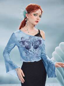 ROMWE Fairycore Vacation Style Butterfly Print Long Sleeve Fashion Oblique Shoulder 2 In 1 T-Shirt