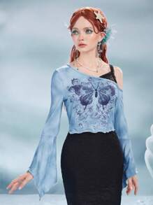 ROMWE Fairycore Vacation Style Butterfly Print Long Sleeve Fashion Oblique Shoulder 2 In 1 T-Shirt