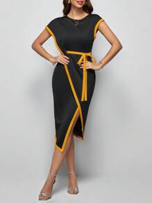 SHEIN Lady Contrast Binding Belted Dress - Yellow - View 1