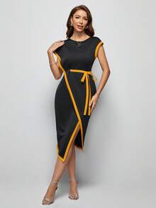 SHEIN Lady Contrast Binding Belted Dress - Yellow - View 2