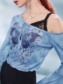 ROMWE Fairycore Vacation Style Butterfly Print Long Sleeve Fashion Oblique Shoulder 2 In 1 T-Shirt