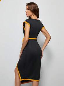 SHEIN Lady Contrast Binding Belted Dress - Yellow - View 5