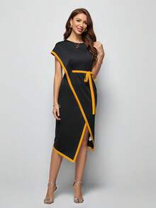 SHEIN Lady Contrast Binding Belted Dress - Yellow - View 6