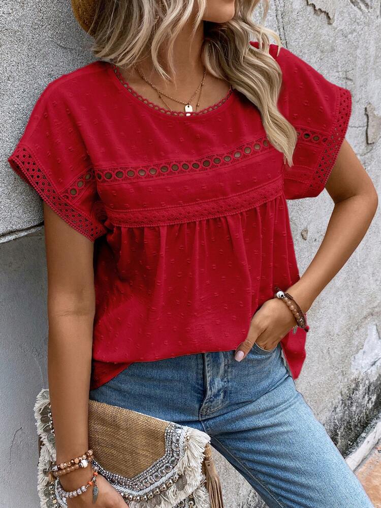 Swiss Dot Contrast Lace Batwing Sleeve Blouse