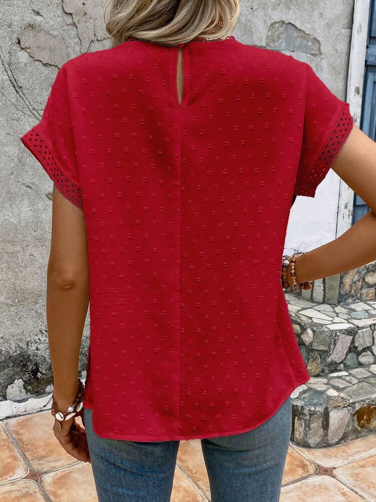 Swiss Dot Contrast Lace Batwing Sleeve Blouse