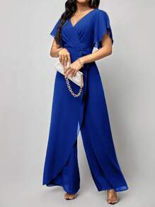 SHEIN Clasi 蝴蝶袖圍裹打結闊腿連體褲 - 寶藍色 - 查看 4