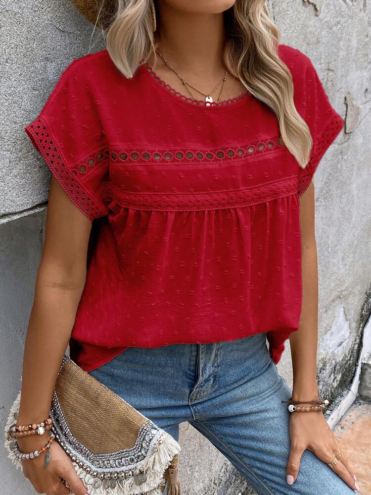 Swiss Dot Contrast Lace Batwing Sleeve Blouse