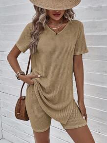 SHEIN LUNE Solid Split Hem Tee & Shorts - Camel - View 1