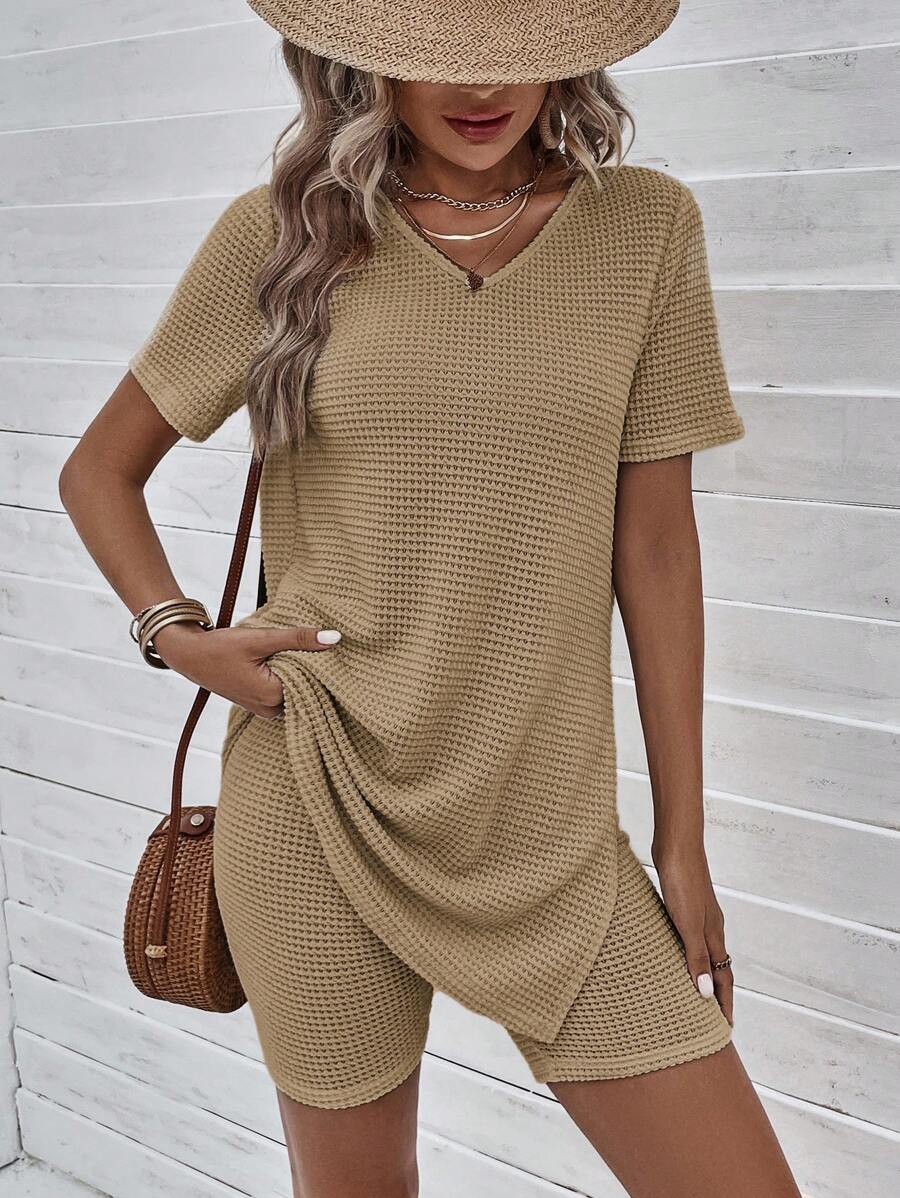 SHEIN LUNE Solid Split Hem Tee & Shorts - Camel - View 1