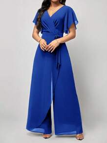 SHEIN Clasi 蝴蝶袖圍裹打結闊腿連體褲 - 寶藍色 - 查看 5