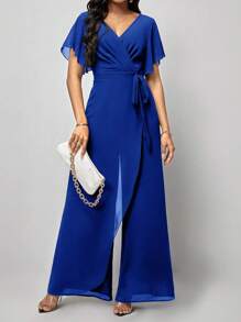 SHEIN Clasi 蝴蝶袖圍裹打結闊腿連體褲 - 寶藍色 - 查看 7