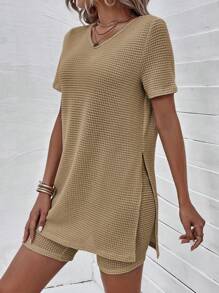 SHEIN LUNE Solid Split Hem Tee & Shorts - Camel - View 3