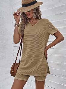 SHEIN LUNE Solid Split Hem Tee & Shorts - Camel - View 4