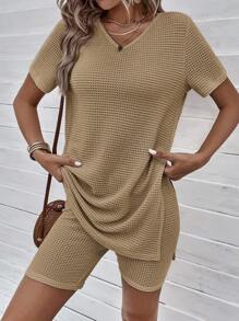 SHEIN LUNE Solid Split Hem Tee & Shorts - Camel - View 6