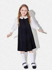 女孩蝴蝶結裝飾貝殼邊方頭公主瑪麗珍平底鞋適用於戶外 - 黑與白 - 查看 3