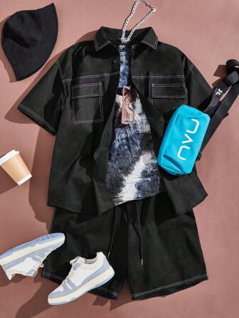 Guys Top-stitching Shirt & Drawstring Waist Shorts