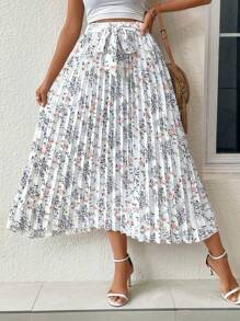 SHEIN VCAY 碎花百褶半身裙 - 白色 - 查看 1