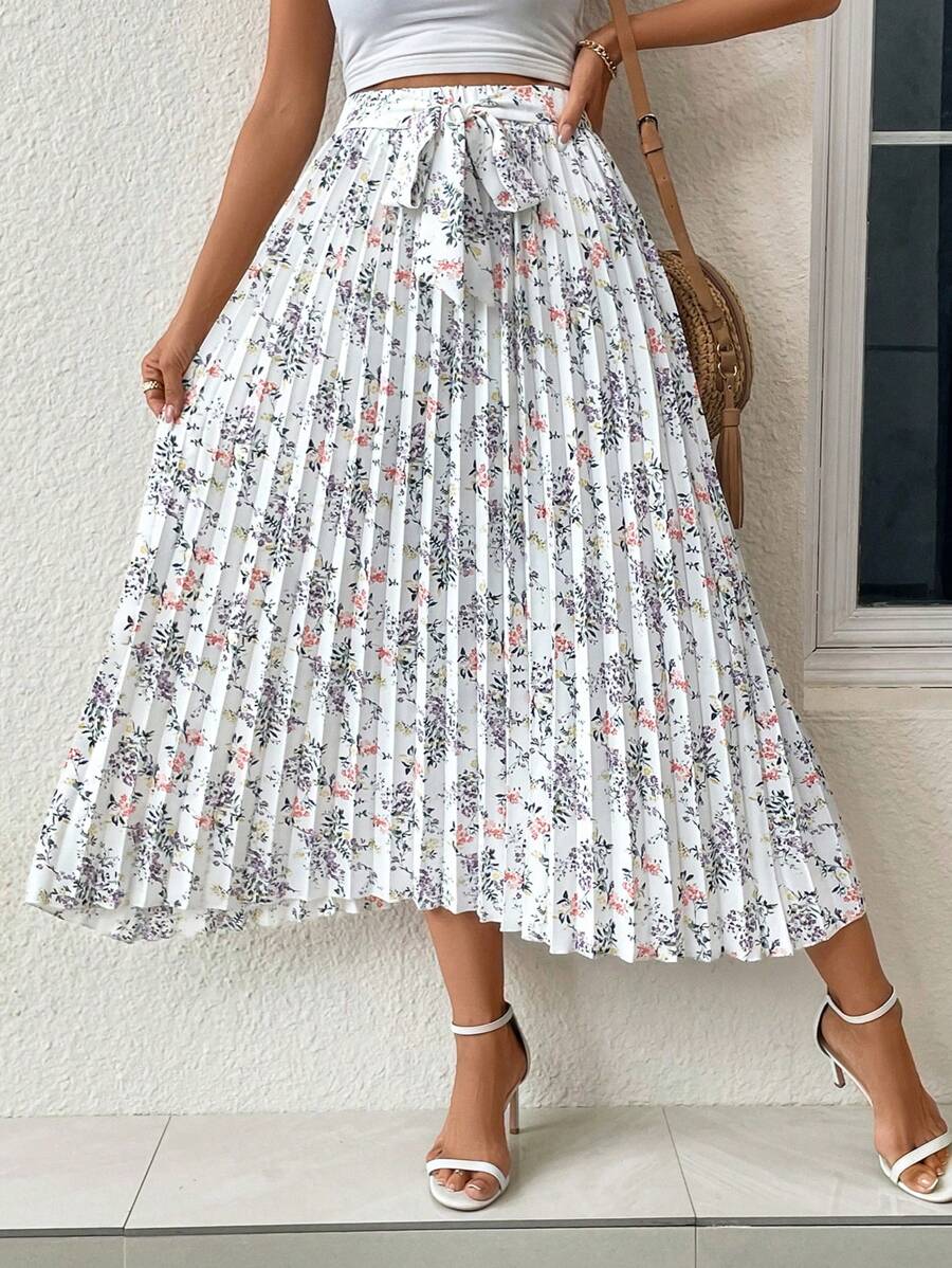 SHEIN VCAY 碎花百褶半身裙 - 白色 - 查看 1