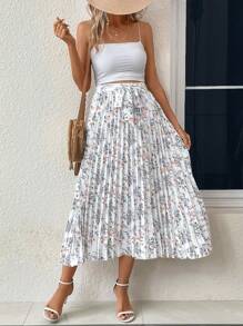 SHEIN VCAY 碎花百褶半身裙 - 白色 - 查看 3