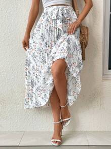 SHEIN VCAY 碎花百褶半身裙 - 白色 - 查看 5