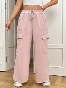 SHEIN EZwear Hơn Túi nắp bên cạnh Eo dây rút Quần thể thao - Màu Hồng baby - Xem 3