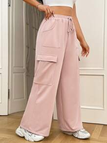 SHEIN EZwear Hơn Túi nắp bên cạnh Eo dây rút Quần thể thao - Màu Hồng baby - Xem 4