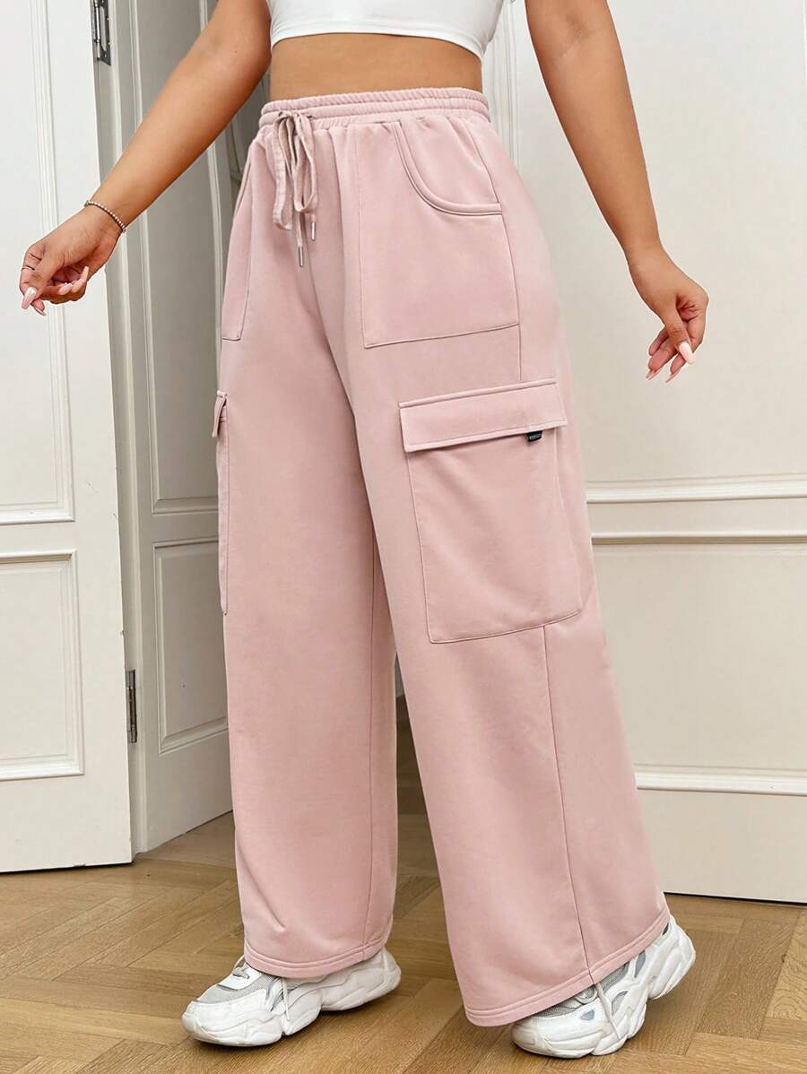 SHEIN EZwear Hơn Túi nắp bên cạnh Eo dây rút Quần thể thao - Màu Hồng baby - Xem 1