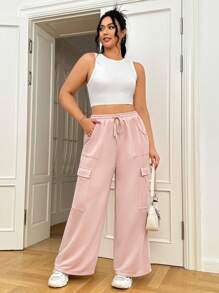 SHEIN EZwear Hơn Túi nắp bên cạnh Eo dây rút Quần thể thao - Màu Hồng baby - Xem 5