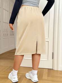 SHEIN EZwear 大碼腰部抽繩斜口袋後背開衩半身裙 - 卡其色 - 查看 2