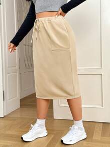 SHEIN EZwear 大碼腰部抽繩斜口袋後背開衩半身裙 - 卡其色 - 查看 3