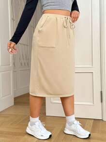 SHEIN EZwear 大碼腰部抽繩斜口袋後背開衩半身裙 - 卡其色 - 查看 4