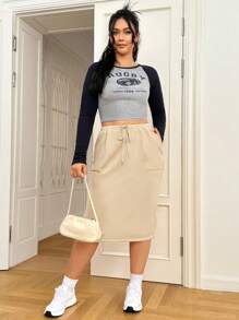 SHEIN EZwear 大碼腰部抽繩斜口袋後背開衩半身裙 - 卡其色 - 查看 5