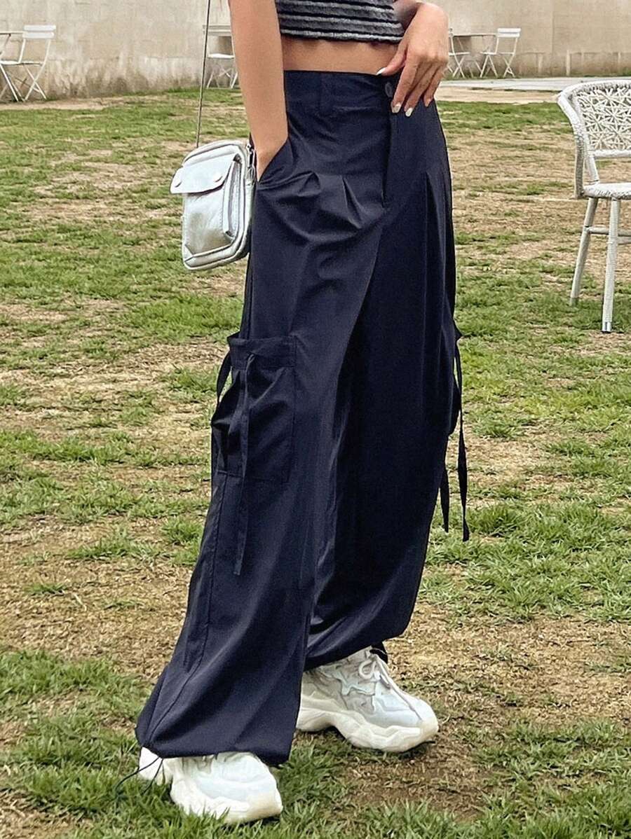 DAZY Pantalones unicolor con parche con bolsillo bajo con cordón - Azul Marino - Ver 1