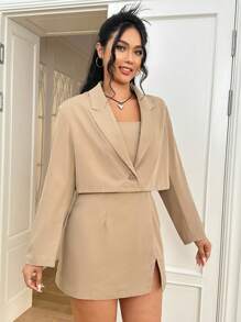 SHEIN EZwear Plus Lapel Neck Blazer & Split Hem Cami Dress In Fall/Winter - Apricot - View 1