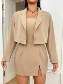 SHEIN EZwear Plus Lapel Neck Blazer & Split Hem Cami Dress In Fall/Winter - Apricot - View 6
