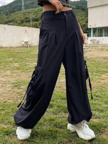 DAZY Pantalones unicolor con parche con bolsillo bajo con cordón - Azul Marino - Ver 4