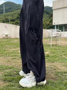 DAZY Pantalones unicolor con parche con bolsillo bajo con cordón - Azul Marino - Ver 5