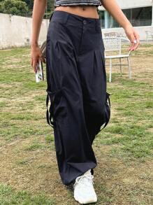 DAZY Pantalones unicolor con parche con bolsillo bajo con cordón - Azul Marino - Ver 8