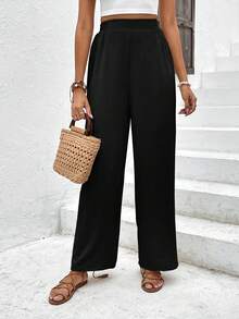 SHEIN Frenchy 高腰闊腿褲 - 黑色 - 查看 4