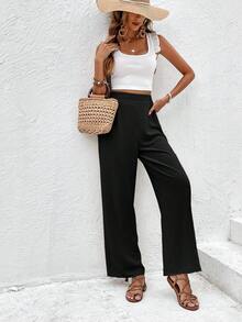 SHEIN Frenchy 高腰闊腿褲 - 黑色 - 查看 7