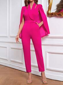 SHEIN Privé 素色斗篷袖連身褲 - 玫紅色 - 查看 2