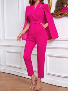 SHEIN Privé 素色斗篷袖連身褲 - 玫紅色 - 查看 4