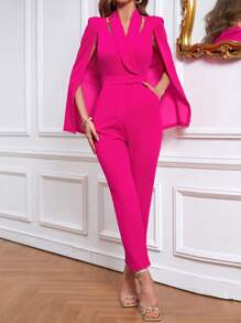 SHEIN Privé 素色斗篷袖連身褲 - 玫紅色 - 查看 5