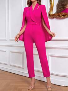 SHEIN Privé 素色斗篷袖連身褲 - 玫紅色 - 查看 7