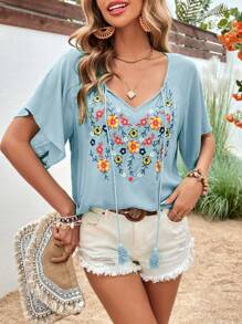 SHEIN LUNE 花卉刺繡流蘇繫帶領插肩袖襯衫 - 淺藍色 - 查看 3