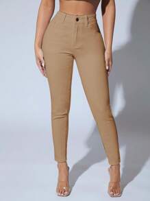 SHEIN PETITE 素色緊身九分牛仔褲 - 卡其色 - 查看 1