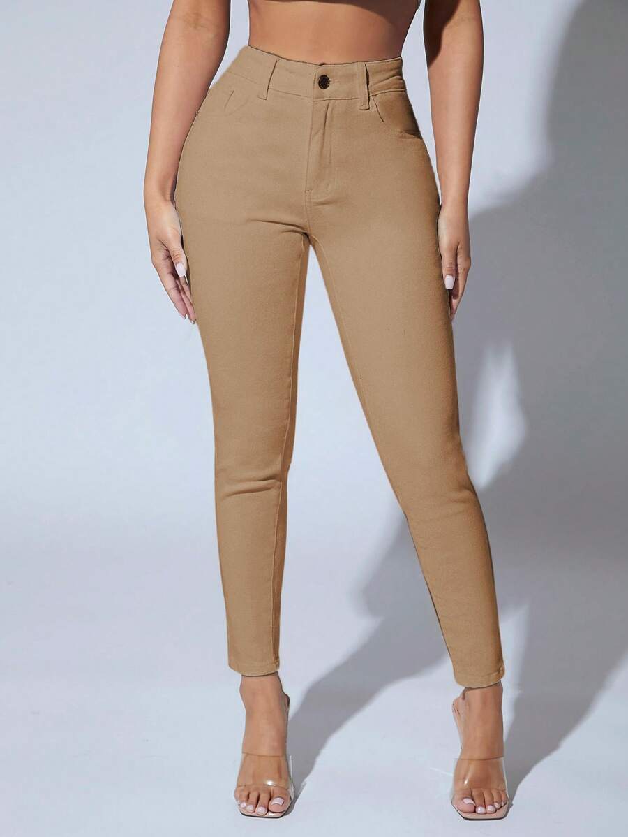SHEIN PETITE 素色緊身九分牛仔褲 - 卡其色 - 查看 1