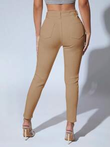 SHEIN PETITE 素色緊身九分牛仔褲 - 卡其色 - 查看 2